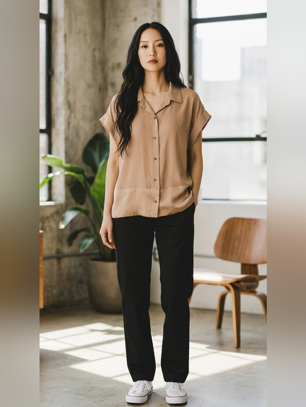 DKNY Tan Short Sleeve Button-Front Camp Shirt